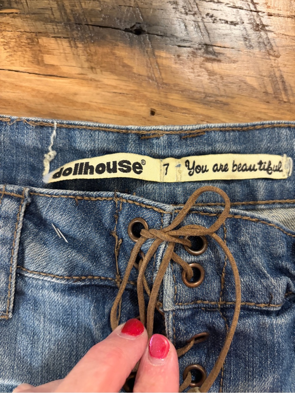 Vintage Y2K Dollhouse Lace-Up Denim Micro Shorts Whiskering Summer Festival BoHo - Picture 6 of 7